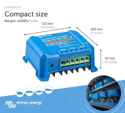 Vista 3 de Victron Energy Orion-Tr Convertidor de CC a CC - 12/12 voltios 9 amperios 110 vatios - Protección IP43 - para sistemas de batería dual - Aislado