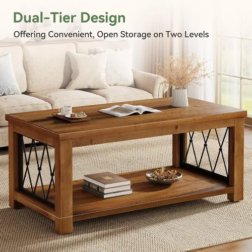 Vista 7 de Mesa auxiliar de madera maciza de 47.2 pulgadas, diseño de almacenamiento de 2 niveles, mesa de cóctel central rectangular de granja, marco de metal