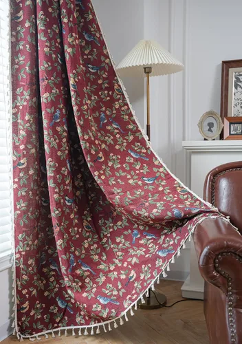 Vista 3 de Paneles de cortina de jacquard con borlas, patrón botánico, reducción de luz, aislamiento térmico, bolsillo para barra, cortinas para ventana