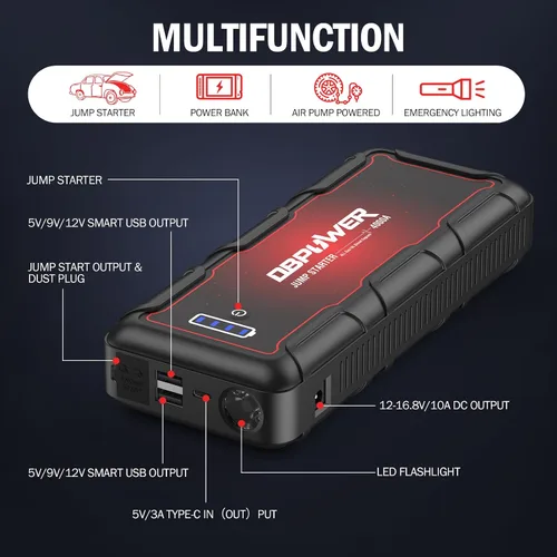 Vista 6 de DBPOWER - Arrancador para automóvil de 4000 A pico de 88.8 Wh portátil (hasta 10 L de motor diésel/todos los motores de gasolina) 12 V, paquete