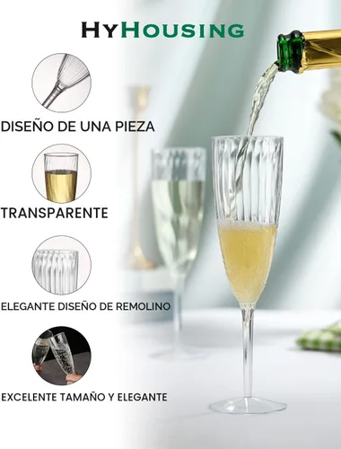 Vista 2 de HyHousing Paquete de 16 copas de champán de plástico, copas de champán desechables transparentes de 6 onzas con tallo largo, elegantes flautas