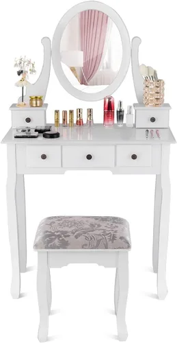 Vista 8 de MAT EXPERT Juego de mesa de tocador con espejo y cajón, tocador blanco con taburete acolchado, mesa organizadora de maquillaje con espejo giratorio