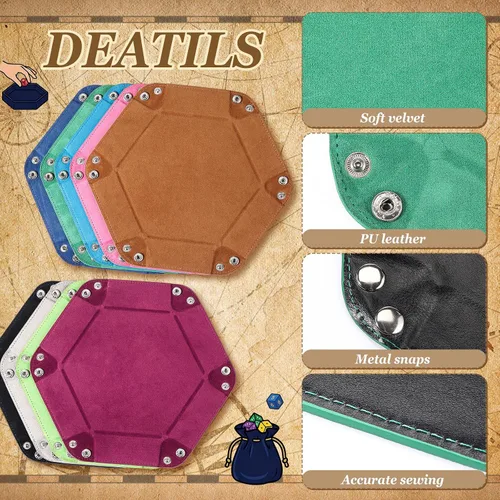 Vista 5 de Hanaive 16 Pcs Dice Tray Bulk for Rolling Folding Hexagon Dice Holder RPG PU Velvet Lined Holders, Snap Button Closure, Portable for Tabletop