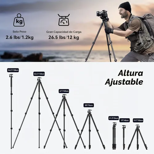 Vista 3 de SmallRig AP-10 Trípode de cámara de fibra de carbono de 52.4 pulgadas máx. Carga útil 11lb Cabezal de bola de 360°, monopie desmontable, ligero