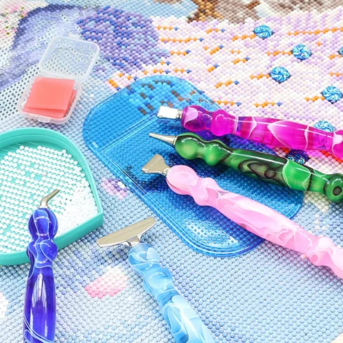 Vista 6 de 14 piezas Juego de bolígrafos para pintura de diamante con puntas de rosca de metal, un bolígrafo de arte de diamante, 6 puntas, 6 arcillas