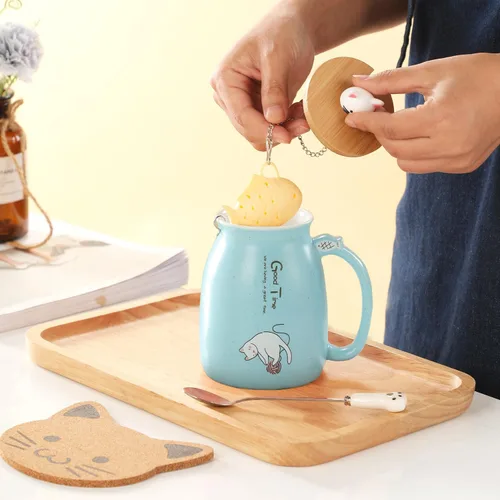 Vista 3 de BigNoseDeer Lindas tazas Kawaii de gato, taza de café de cerámica con infusor y tapa, cuchara, taza de té, regalos lindos y geniales para mujeres