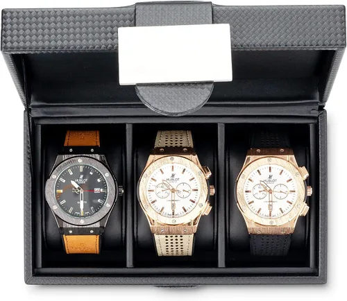 Vista 4 de Funda para reloj de viaje, caja de 3 ranuras para relojes de hombre, soporte para reloj de hombre con hebilla de metal, diseño de fibra de carbono