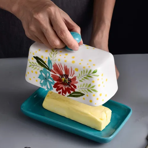 Vista 5 de Wisenvoy Mantequillera de cerámica con tapa con tapa para mantequilla con tapa para encimera de mantequilla de flores