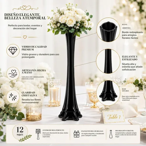 Vista 3 de pack de 12, jarrones de la Torre Eiffel para centro de mesa, flores, bodas, decoración. (40,6 cm, negro)