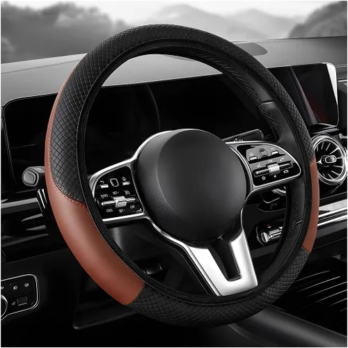 Vista 9 de Funda para volante de automóvil, 15 pulgadas, de piel de microfibra de fibra de carbono, protector elástico para volante, transpirable