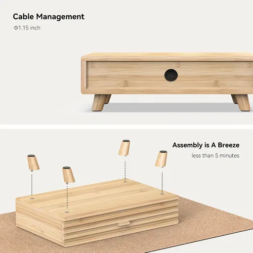 Vista 5 de Soporte de bambú para monitor con cajón, organizador de escritorio con organización y almacenamiento de cables, elevador ergonómico para laptop