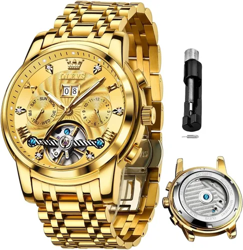Vista 22 de OLEVS Reloj de pulsera automático con diseño de esqueleto para hombre, de lujo, con diamantes de lujo, de acero inoxidable, calendario, reloj
