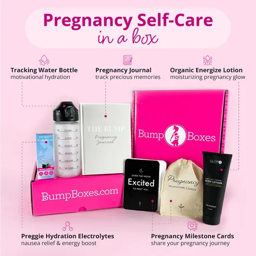 Vista 2 de Bump Boxes Regalos de embarazo para el primer trimestre para futuras mamás con botella de agua, diario, loción y tarjetas de hitos, regalo