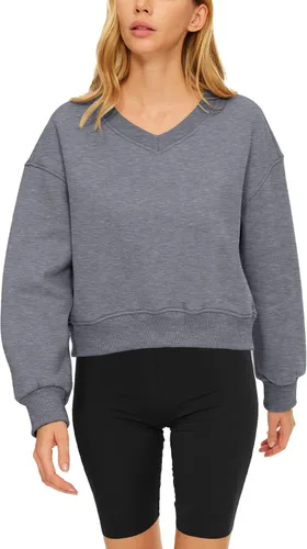 Vista 2 de AUTOMET Sudadera corta de manga larga para mujer, de forro polar, cuello en V