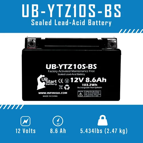 Vista 3 de Reemplazo para Yamaha FZ8 800CC 2012 activado de fábrica, sin mantenimiento, batería de motocicleta - 12V, 8.6Ah, UB-YTZ10S-BS