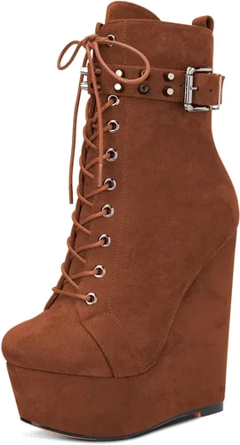 Vista 23 de HDEUOLM Botas de tobillo con tacón de plataforma de cuña alta para mujer, botines cortos con cordones y cremallera Negro