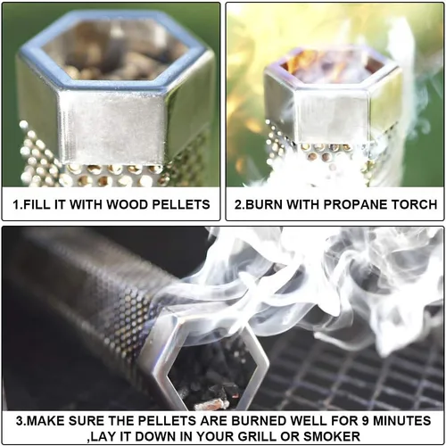 Vista 4 de BEWAVE Tubo de ahumador de pellets para todas las parrillas, carbón eléctrico a gas o ahumadores para fumadores en frío/calor, cepillo de tubo