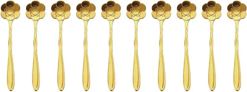 Vista 6 de Cuchara de flores de acero inoxidable de 10 piezas, cucharas creativas de postre doradas, cucharas de café, agitadores de café, cuchara de té