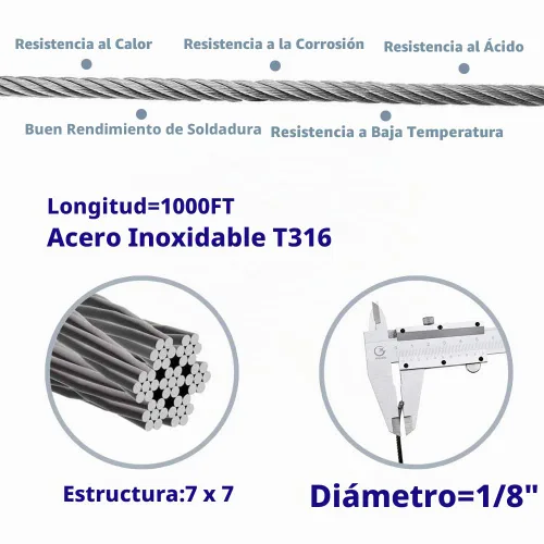 Vista 3 de 1000FT 1/8" T316 cable de acero inoxidable, cable de avión de cuerda de alambre