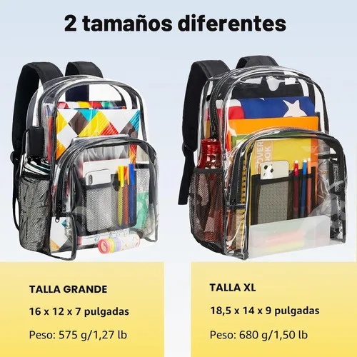 Vista 2 de Vorspack Mochila Transparente Resistente - Gran Mochila Transparente para Libros, Mochila Transparente para Trabajo Universitario, Negro, Grande