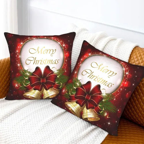 Vista 3 de Juego de 2 fundas de almohada decorativas con diseño de campanas de árbol de Navidad de 16 x 16 pulgadas, fundas de almohada decorativas