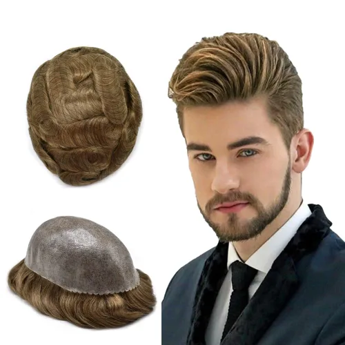 Vista 23 de Toupee - Sistema de reemplazo de cabello humano europeo completo para hombre, 0.004 in, inyección de poliuretano natural para hombres, sistema