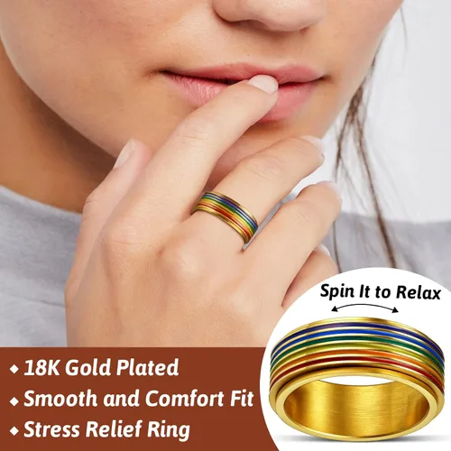 Vista 42 de FaithHeart Anillos para ansiedad LGBT Pride Rainbow, acero inoxidable/chapado en oro de 18 quilates, joyería de amor es amor para hombres y mujeres