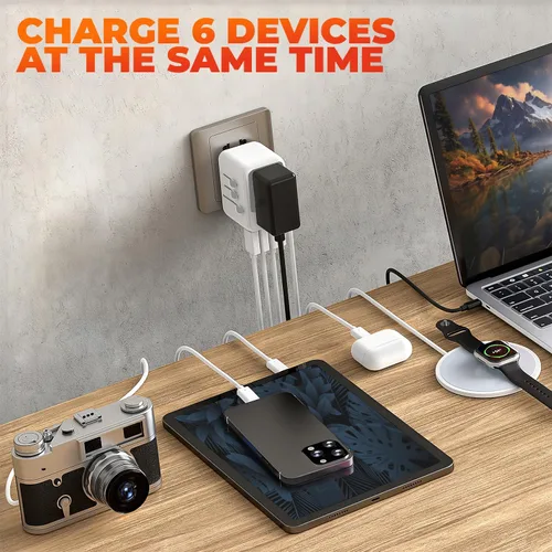 Vista 4 de Adaptador de viaje universal 6 en 1-10A Adaptador de corriente internacional con 3 puertos USB C, 2 puertos USB A Cargador portátil rápido