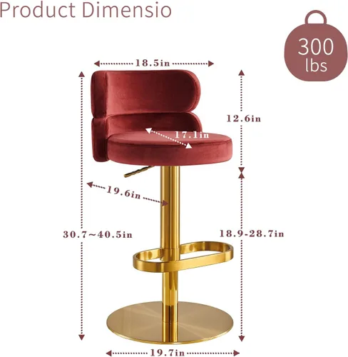 Vista 2 de Taburete de bar de terciopelo con respaldo bajo, taburete de bar giratorio con base dorada para isla de cocina, moderna silla de pub