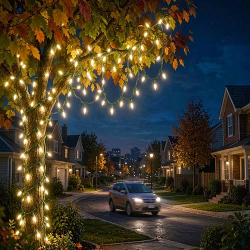 Vista 3 de Guirnalda de 100 Luces LED Blanco Cálido de Cable Verde para Navidad, con Certificación UL y Cadena de Iluminación Decorativa Comercial de 35 Pies