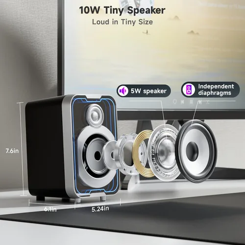 Vista 5 de SOULION Altavoces de computadora 2.0, altavoces de PC con cable Bluetooth de 10 W alimentados por USB con cápsula de fácil control para escritorio