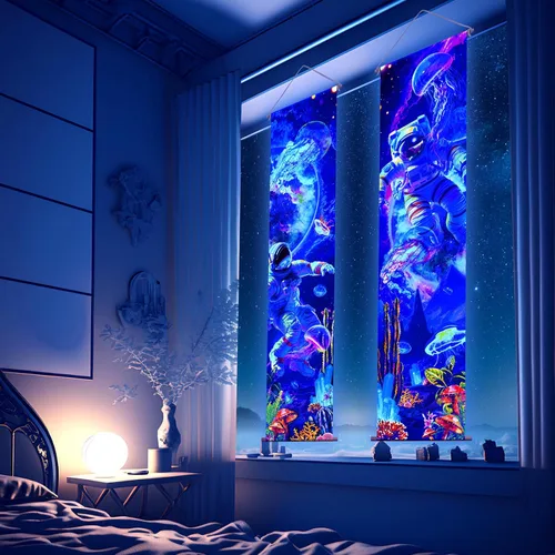 Vista 4 de Tiamon 2 Piezas de Arte de Luz Negra para Pared, Tapiz Trippy de Luz Negra, Póster de Tapiz UV Reactivo, Banner Estético, Fondo de Pared para Colgar