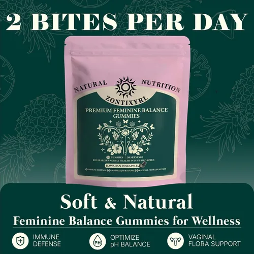 Vista 2 de Gomitas de equilibrio femenino prémium para mujer, gomitas de piña para mujeres, probióticos de pH y apoyo inmunológico, veganas, sin gluten, 60