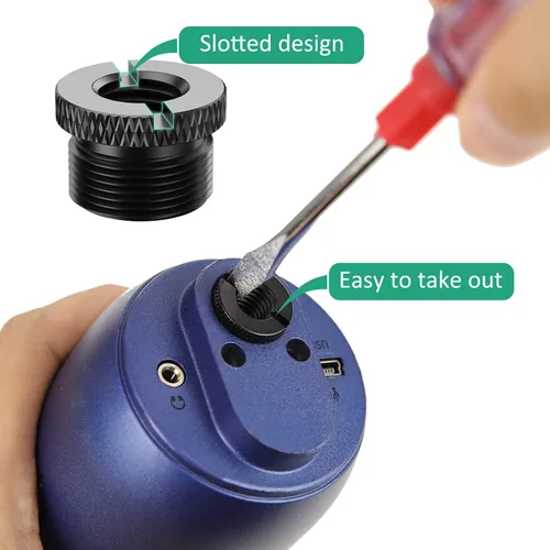 Vista 5 de Adaptador de soporte de micrófono 5/8 a 3/8 ranurado azul Yeti adaptador de micrófono 2 piezas 5/8 macho a 3/8 hembra tornillo de micrófono