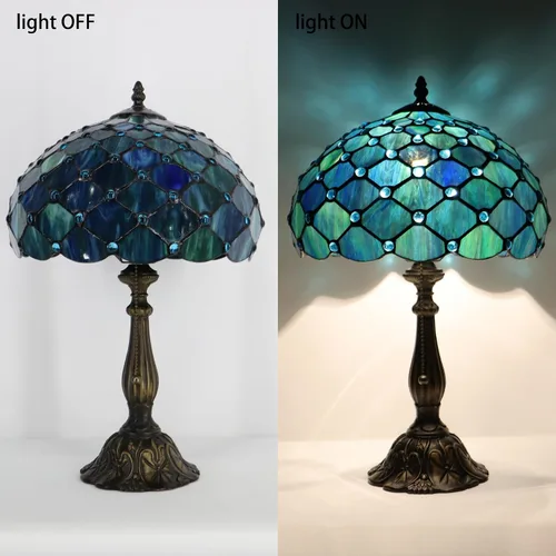 Vista 6 de Tiffany Lamp Stained Glass Table Lamp Bedside Reading Light W12H19 Inches (Sea Blue Pearl Style)