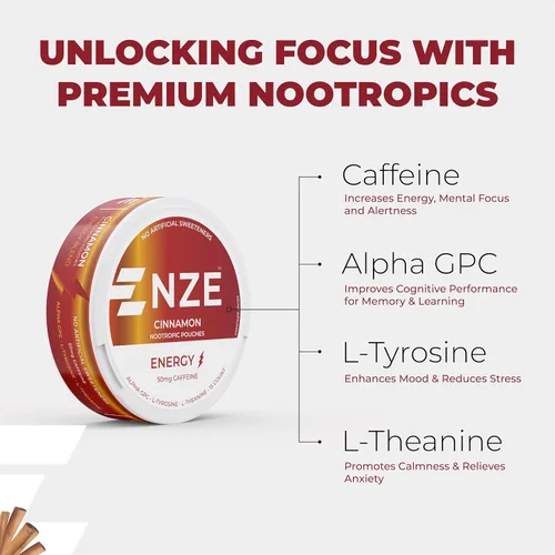 Vista 4 de NZE Bolsas nootrópicas de cafeína (canela), bolsas energéticas con 50 mg de cafeína, Alpha GPC, L-tirosina y L-teanina sin azúcar ni edulcorantes