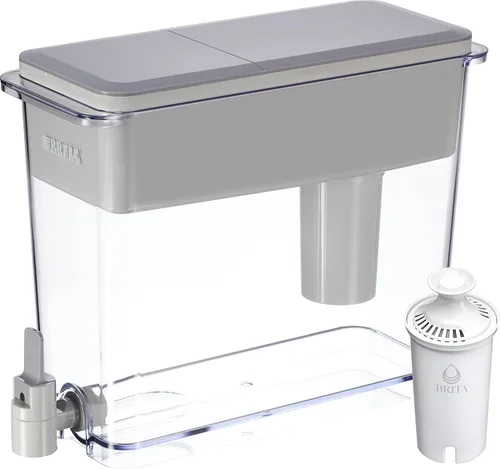 Vista 2 de Brita Dispensador de filtro de agua XL para grifo y agua potable con 4 filtros estándar, dura 2 meses cada uno, capacidad de 27 tazas, sin BPA, gris