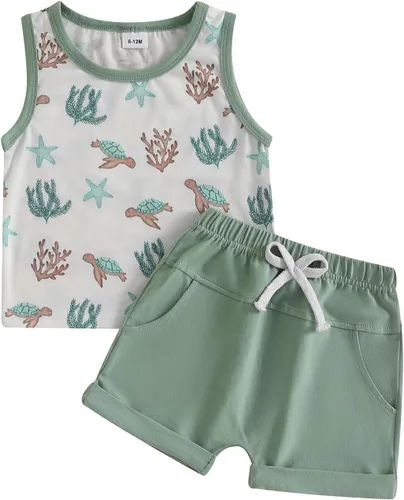 Vista 49 de Ropa de bebé niño sin mangas + pantalones cortos con estampado a rayas con bolsillos, 2 piezas de trajes de verano