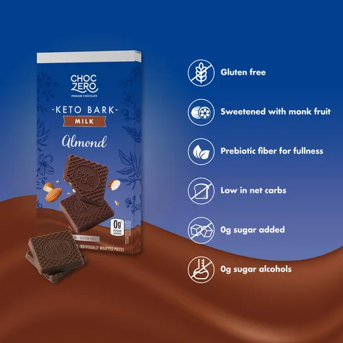 Vista 5 de ChocZero Corteza de almendras de chocolate con leche, sin azúcar añadida, baja en carbohidratos, alta fibra, apta para dieta cetogénica, sin