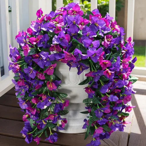Vista 4 de Flores artificiales de Bouganville falsas para decoración al aire libre, 2 piezas de flores falsas de seda con vides largas colgantes resistentes a