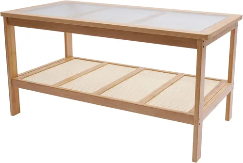 Vista 7 de Mesa auxiliar rectangular de 2 niveles de mediados de siglo con parte superior de cristal y estante de almacenamiento rústico, soporte de TV