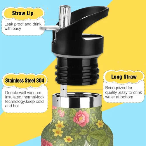 Vista 3 de Botella de agua para niños, para la escuela, a prueba de fugas, para niños y niñas, 20 onzas, sin BPA, flores botánicas vintage verde