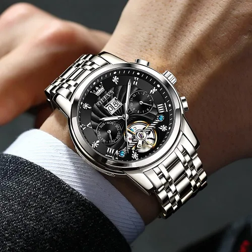 Vista 2 de OLEVS Relojes para hombre Reloj automático esqueleto plateado acero inoxidable mecánico Tourbillon automático diamante esfera negra impermeable lujo