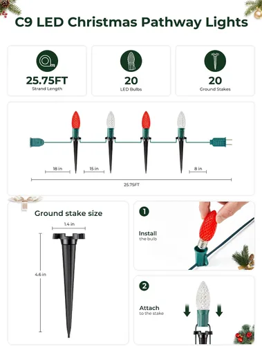 Vista 5 de Luces de cadena LED C9 de Navidad para exteriores, 26 pies, 20 luces LED de sendero de Navidad con 20 estacas de plástico, conectables e Rojo