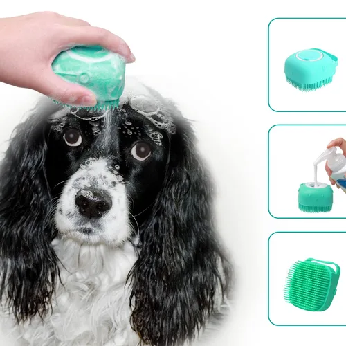 Vista 6 de Cepillo de masaje de baño para aseo de mascotas con dispensador de jabón y champú, cerdas de silicona suave para perros de pelo corto y largo y Azul