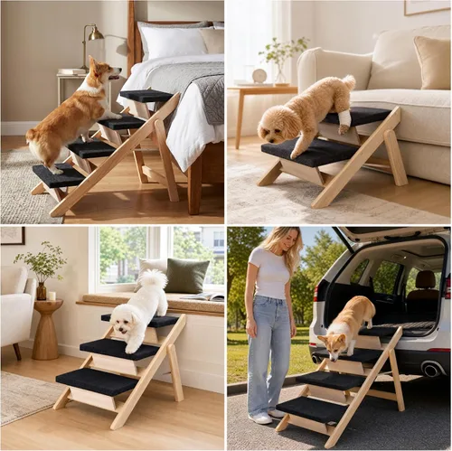 Vista 8 de Escaleras para perros, rampa para cama, escaleras y rampa plegables de madera 2 en 1 para mascotas, escalón portátil para perros de hasta 180 libras