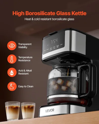 Vista 6 de VEVOR Cafetera programable, cafetera de goteo programable de 12 tazas con pantalla táctil, cafetera de 4 horas para mantener el calor, cafetera