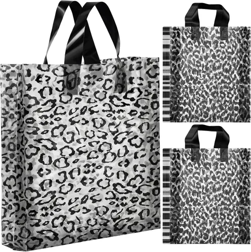Vista 11 de Woanger 100 bolsas de compras de leopardo de plástico con estampado de guepardo, bolsa de regalo de leopardo para pequeñas empresas, fiesta