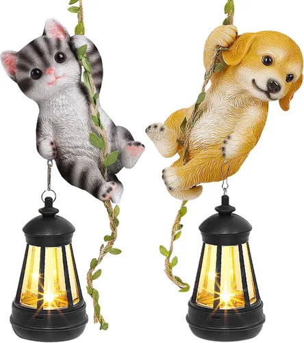 Vista 10 de Estatua de gato colgante solar, figura de gato negro de resina para exteriores con luces LED, adorno de gatito para jardín, valla, porche, patio