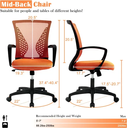 Vista 10 de Silla de oficina en casa, silla de escritorio ergonómica, respaldo medio, silla de computadora de PC con soporte lumbar y reposabrazos, silla